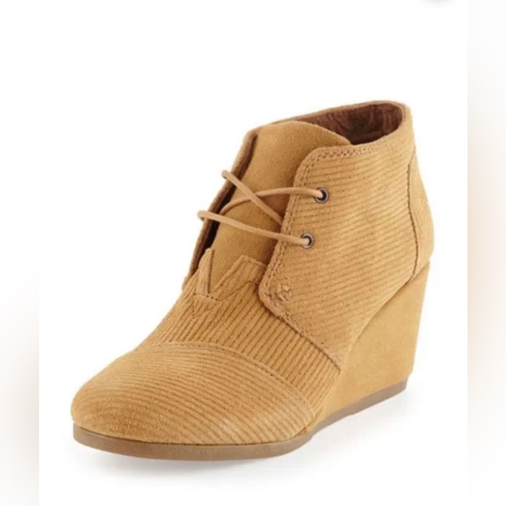 EUC - TOMS Brown Sugar Suede Corduroy Wedge Booties. Size 9.5 Lace Up - Picture 2 of 11